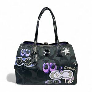Coach Signature Daisy Poppy Kisslock Black Optic Carryall Bag